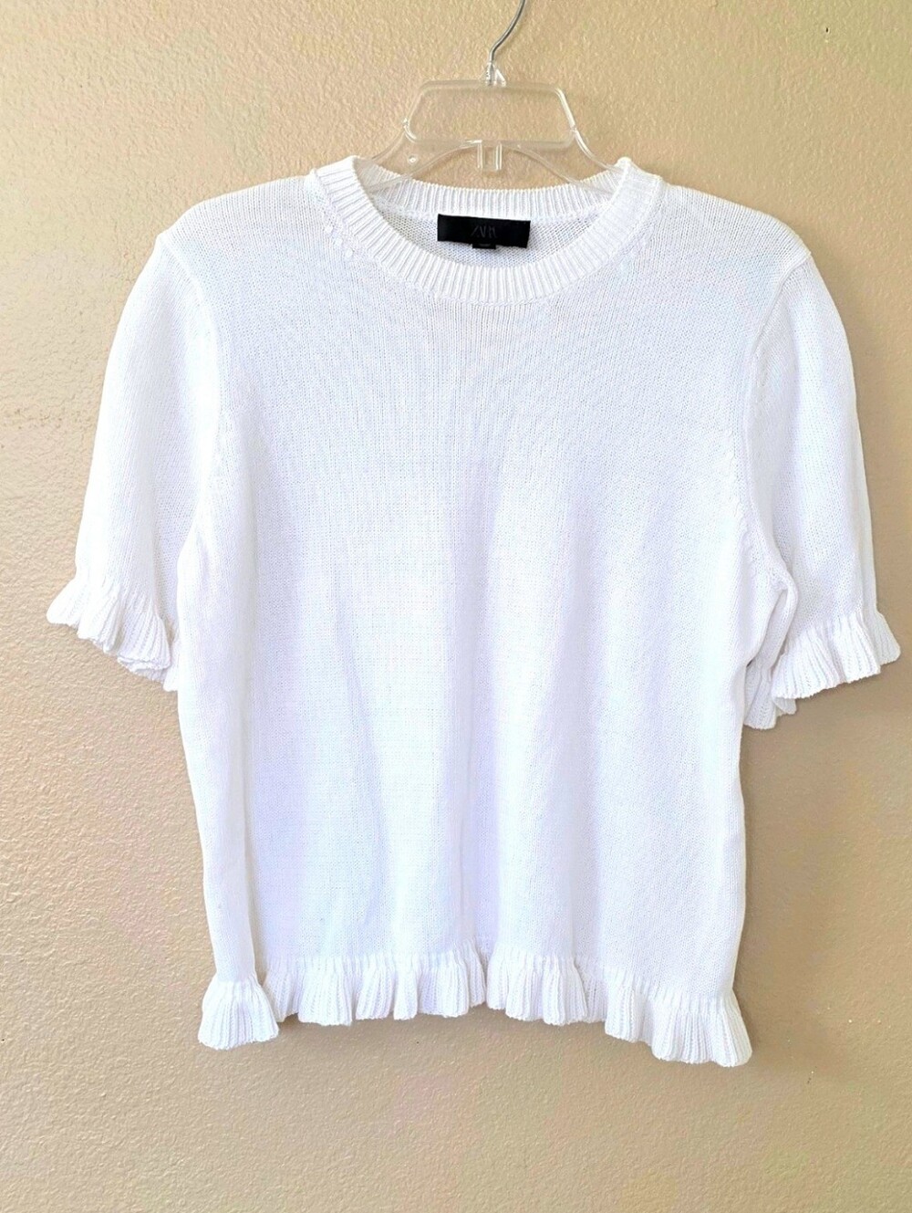 Zara Womens White Knit Ruffle Hem Top - Size Large